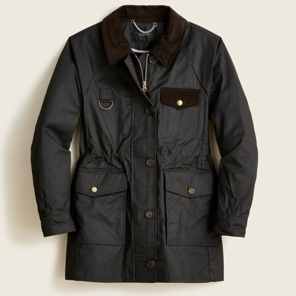 J Crew Field Jacket Womens Black Utility Waxed Cotton Corduroy Trim Small Medium